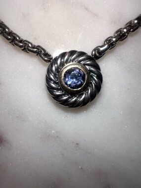 David Yurman Blue Topaz Cable Pendant Sterling Silver Box Chain Necklace